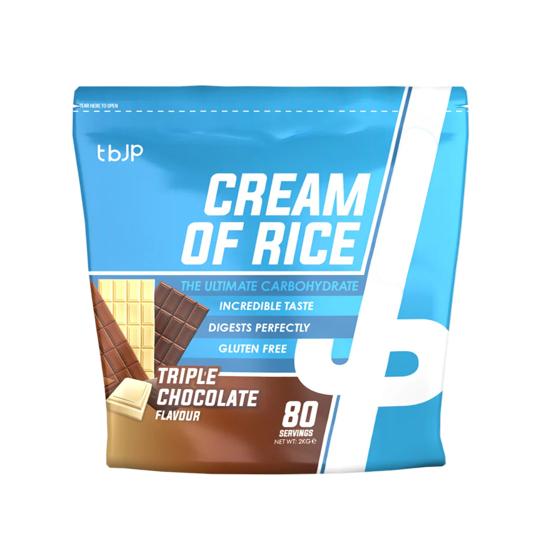 Package of tbJP Cream of Rice in Triple Chocolate flavor on a white background