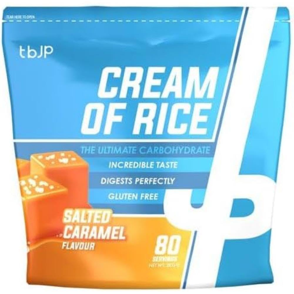 Package of tbJP Cream of Rice in Salted Caramel flavor with blue and orange design.