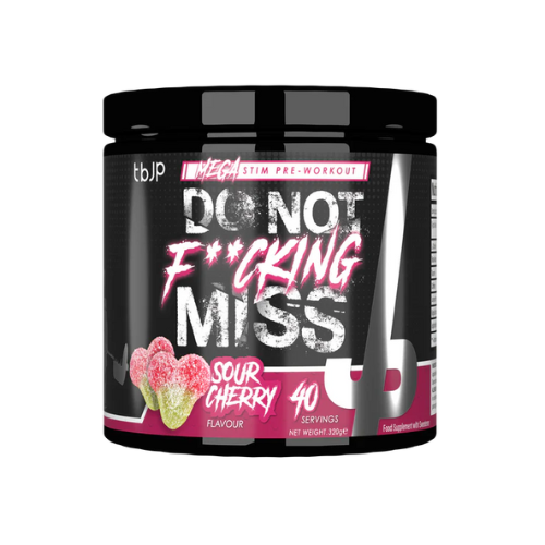 Pre-workout supplement container with bold text and cherry illustration on a white background
