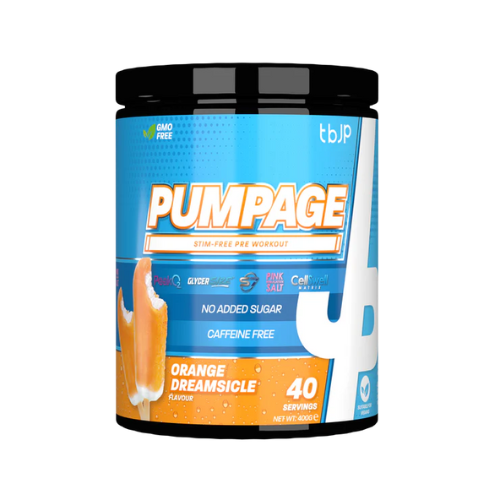 Pumpage supplement container with blue and orange design on a white background
