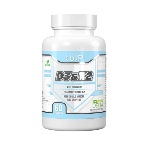 Supplement bottle labeled 'D3&K2' with 'tbJP' branding on a white background