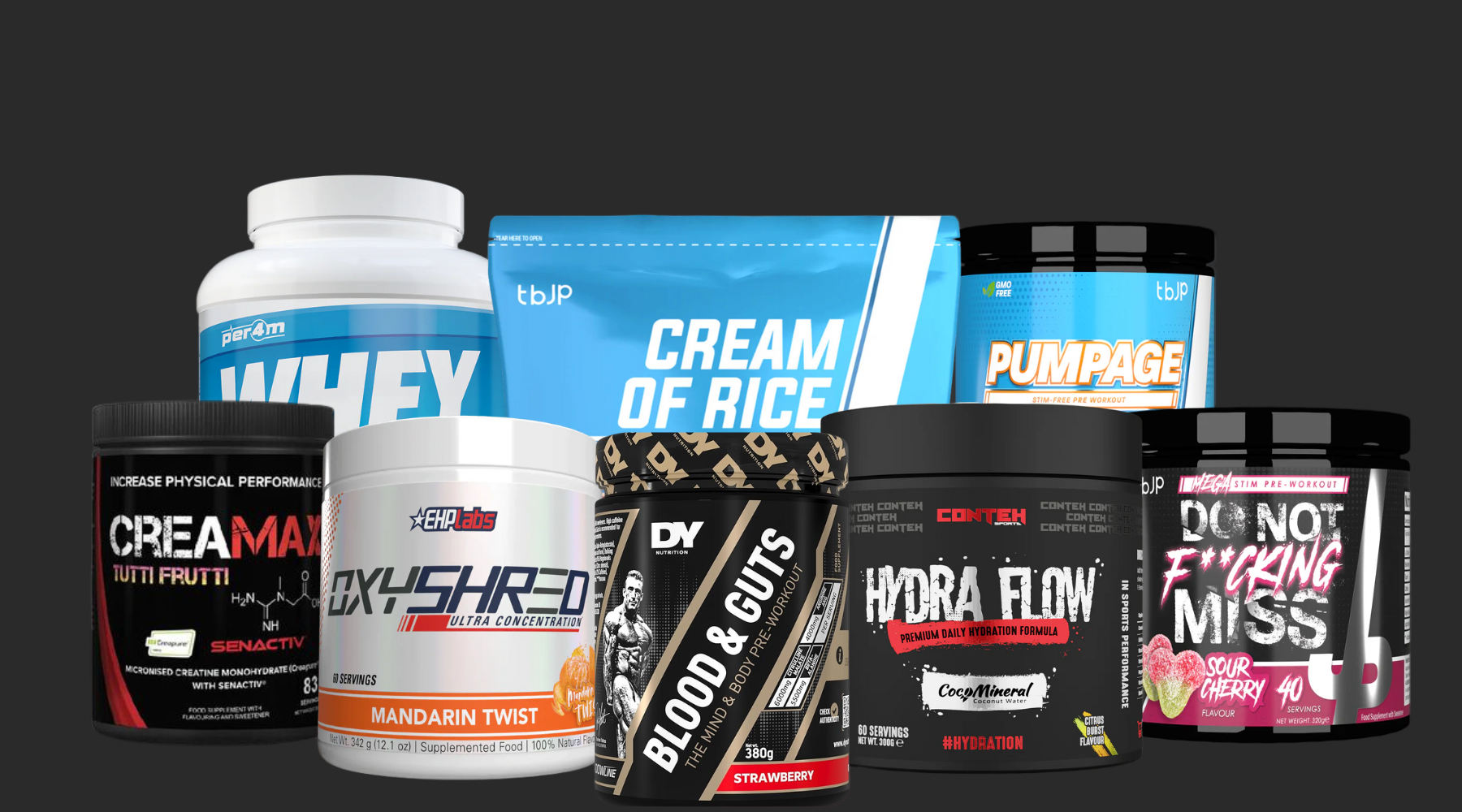 Collection of protein powders and supplements with visible branding on a dark background