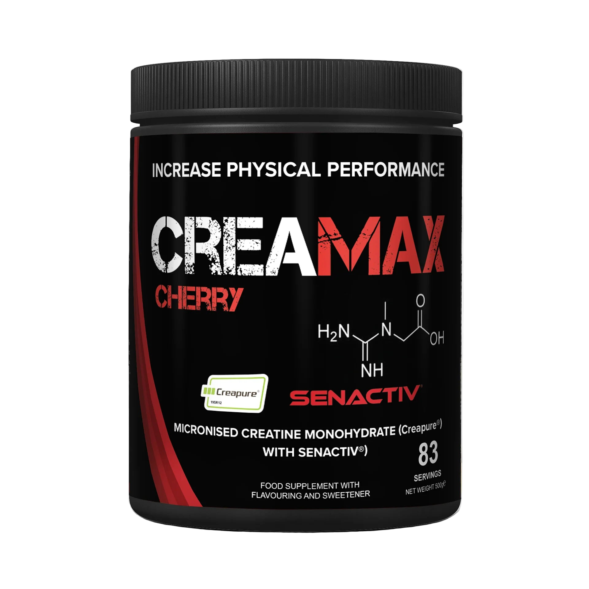 Black supplement container labeled 'CreaMax Cherry' with red and white text on a white background
