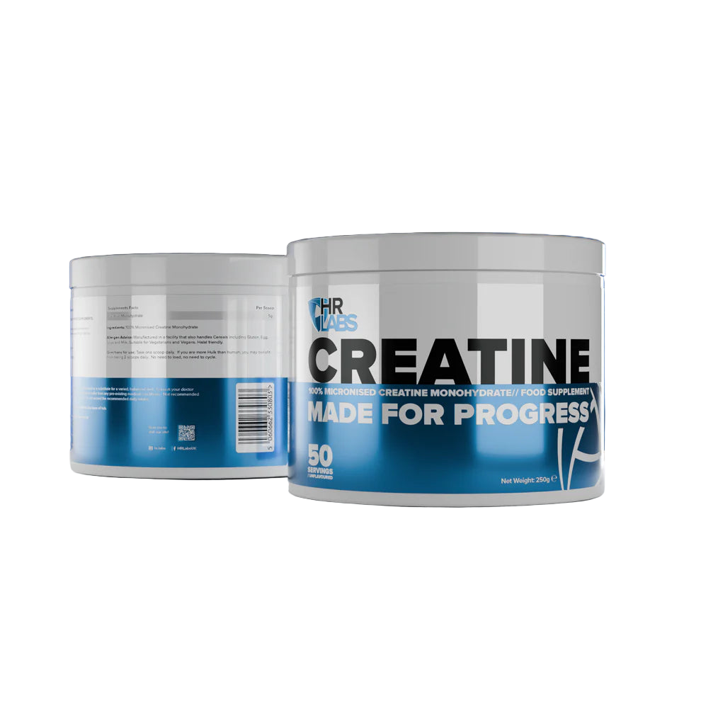 Two containers of creatine supplement with a blurred blue background