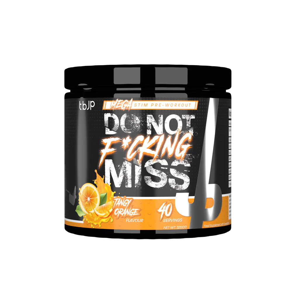 Supplement container with 'Do Not F*cking Miss' text and orange flavor label on a white background