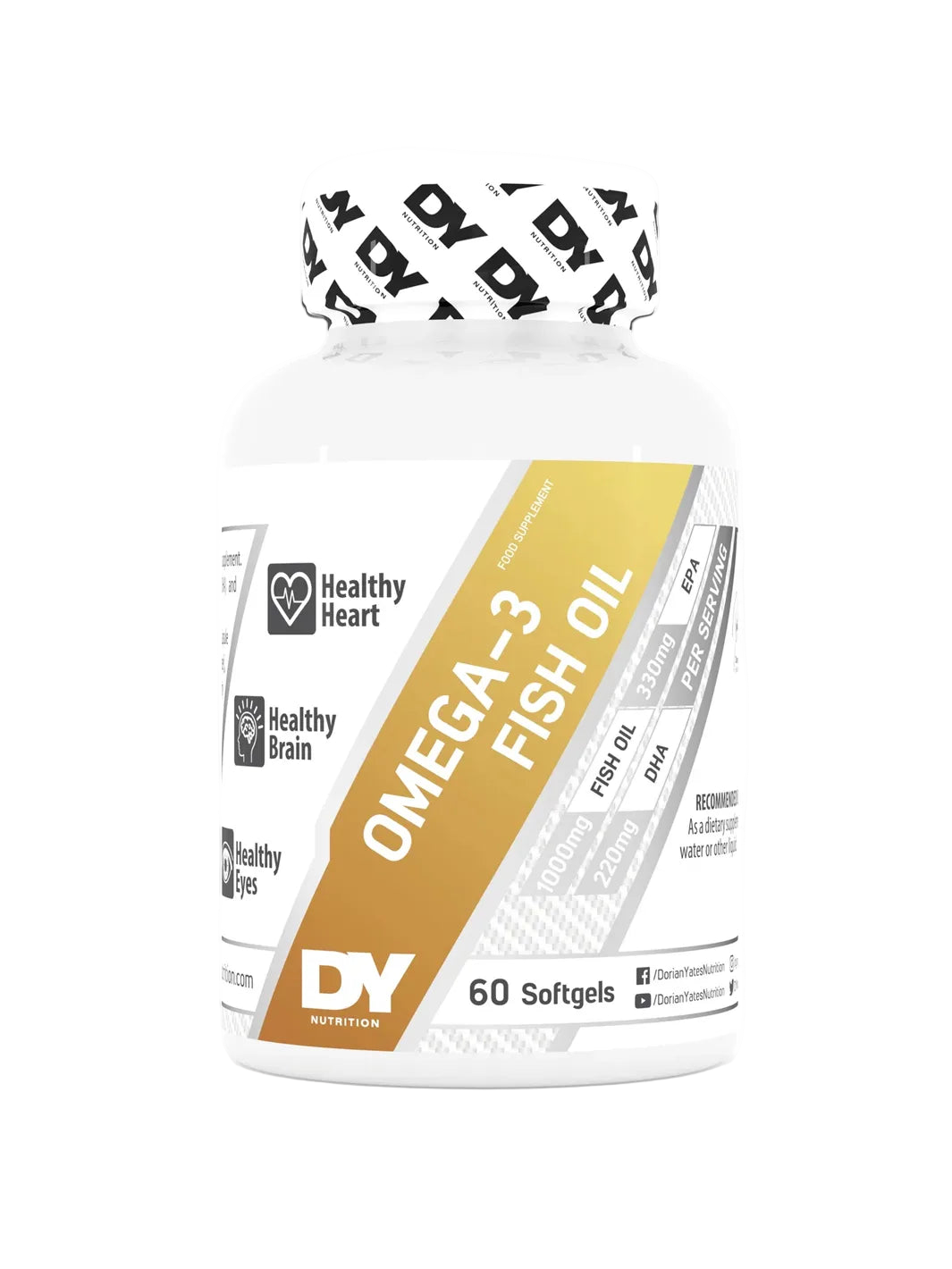 Omega-3 fish oil supplement bottle with DY Nutrition branding on a white background