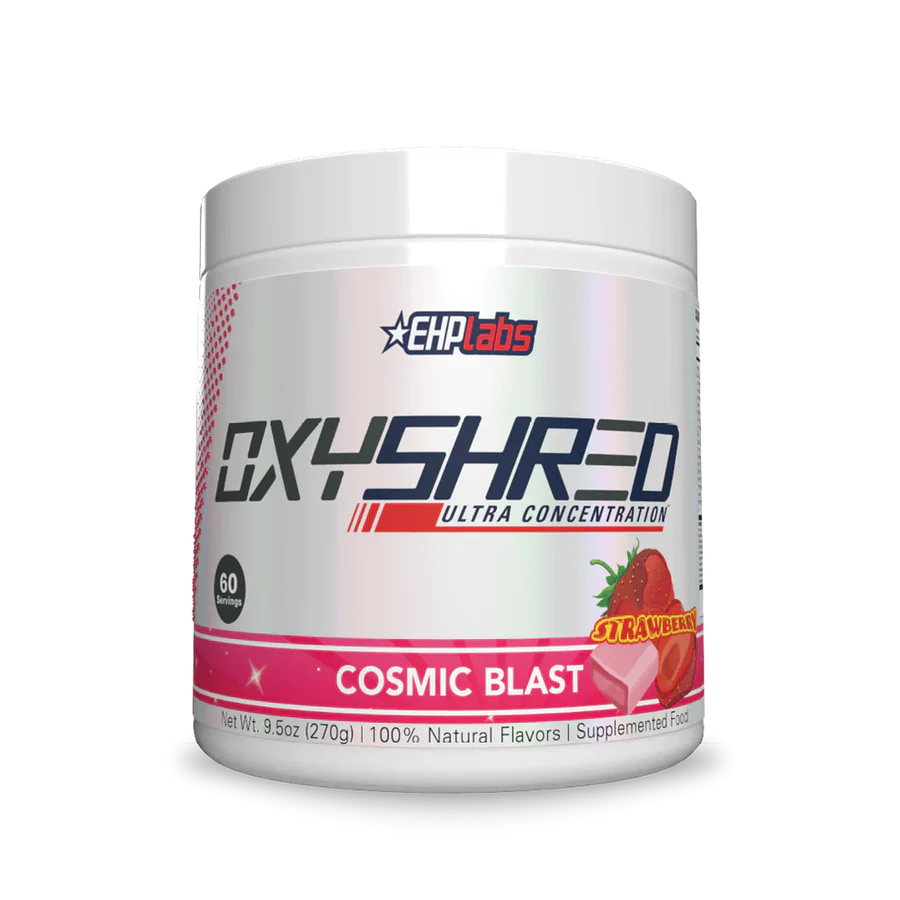 OxyShred supplement container with EHP Labs branding on a white background