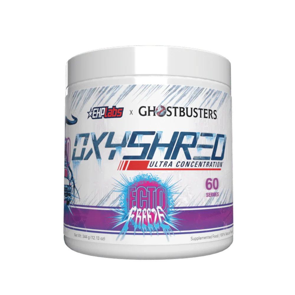Supplement container labeled 'OxyShred' by EPLabs x Ghostbusters on a white background