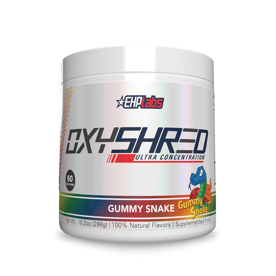 OxyShred supplement container with EHP Labs branding on a white background