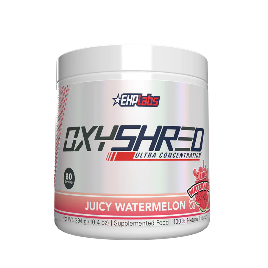 OxyShred supplement container by EHP Labs with juicy watermelon flavor on a white background