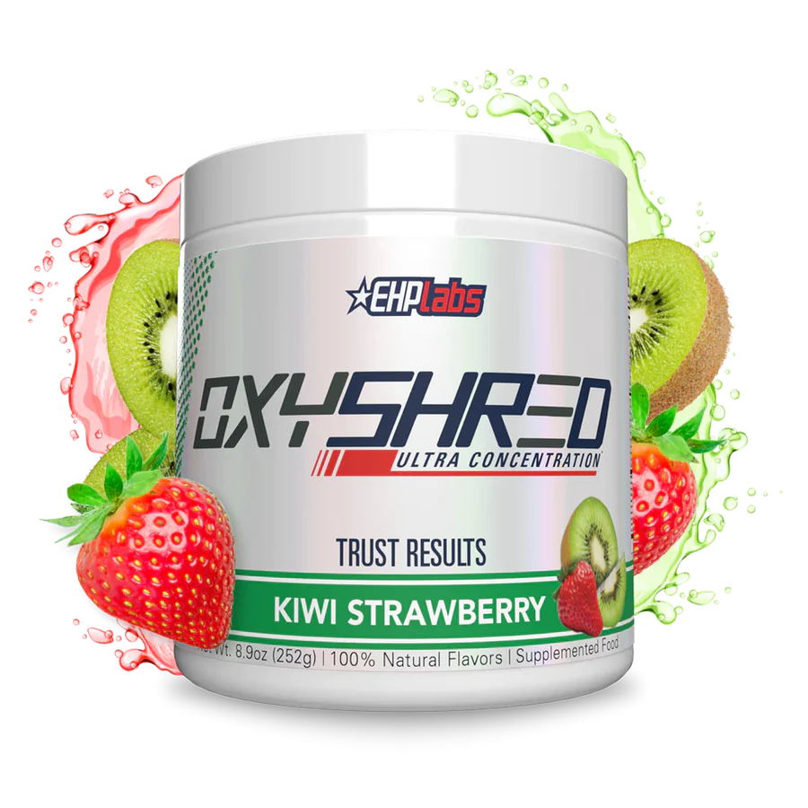OxyShred supplement container with kiwi and strawberry graphics on a white background