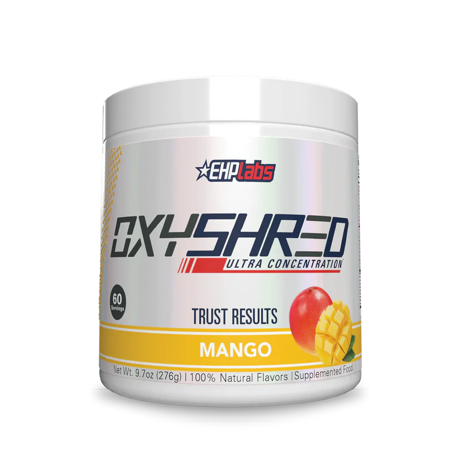 OxyShred supplement container with mango flavor on a white background