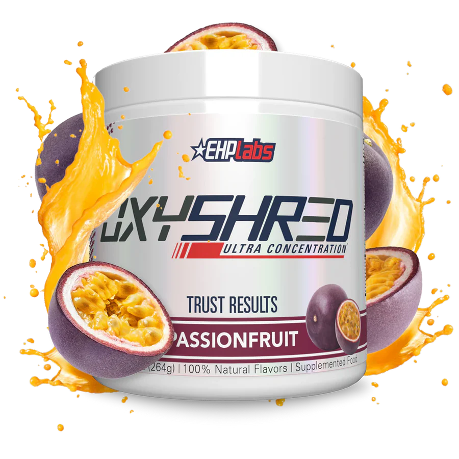 Supplement container labeled 'OXYSHRED' with passionfruit graphics on a white background