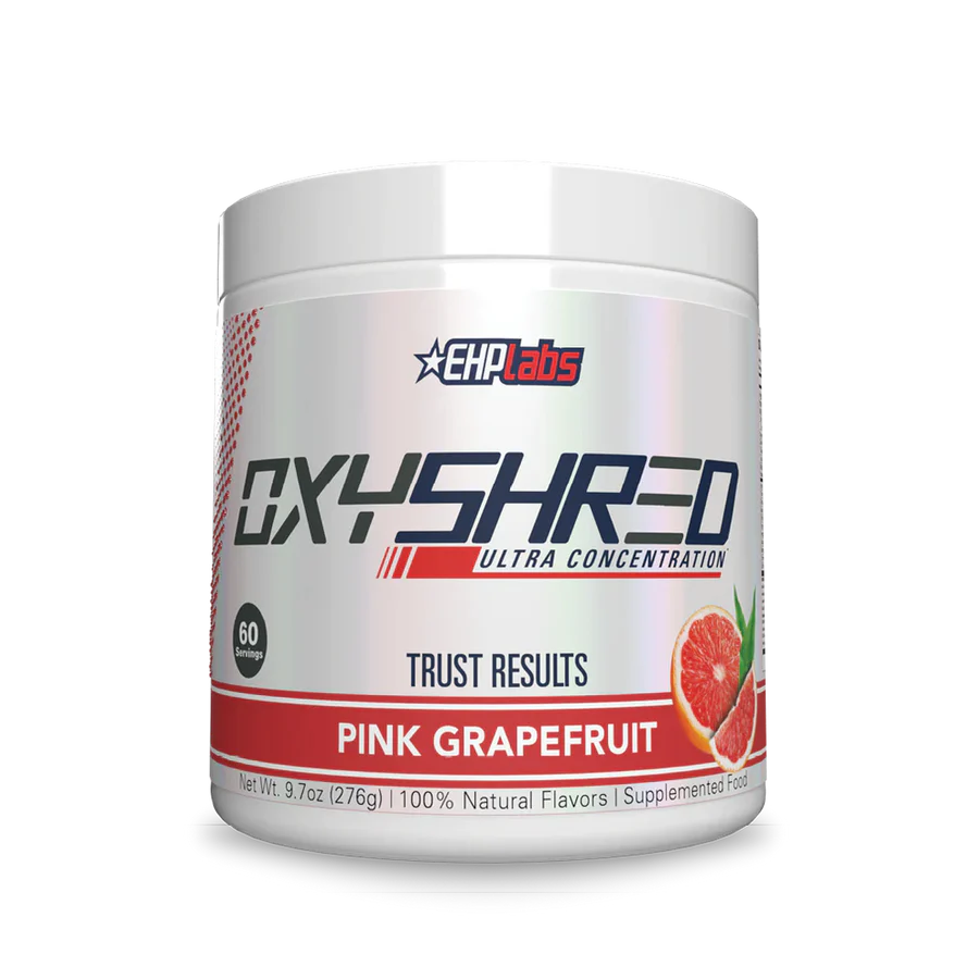 OxyShred supplement container with pink grapefruit flavor on a white background