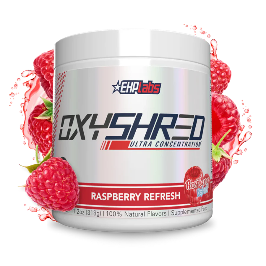 OxyShred supplement container with raspberries on a white background