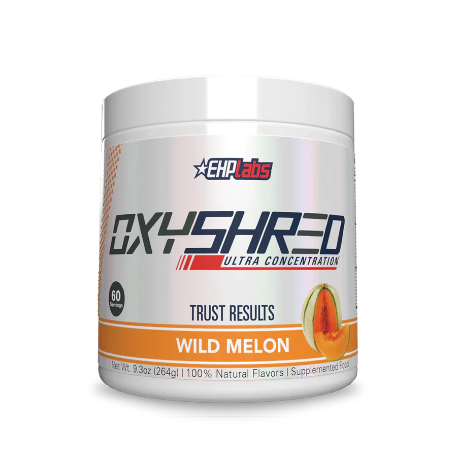 OxyShred supplement container with EHP Labs branding on a white background
