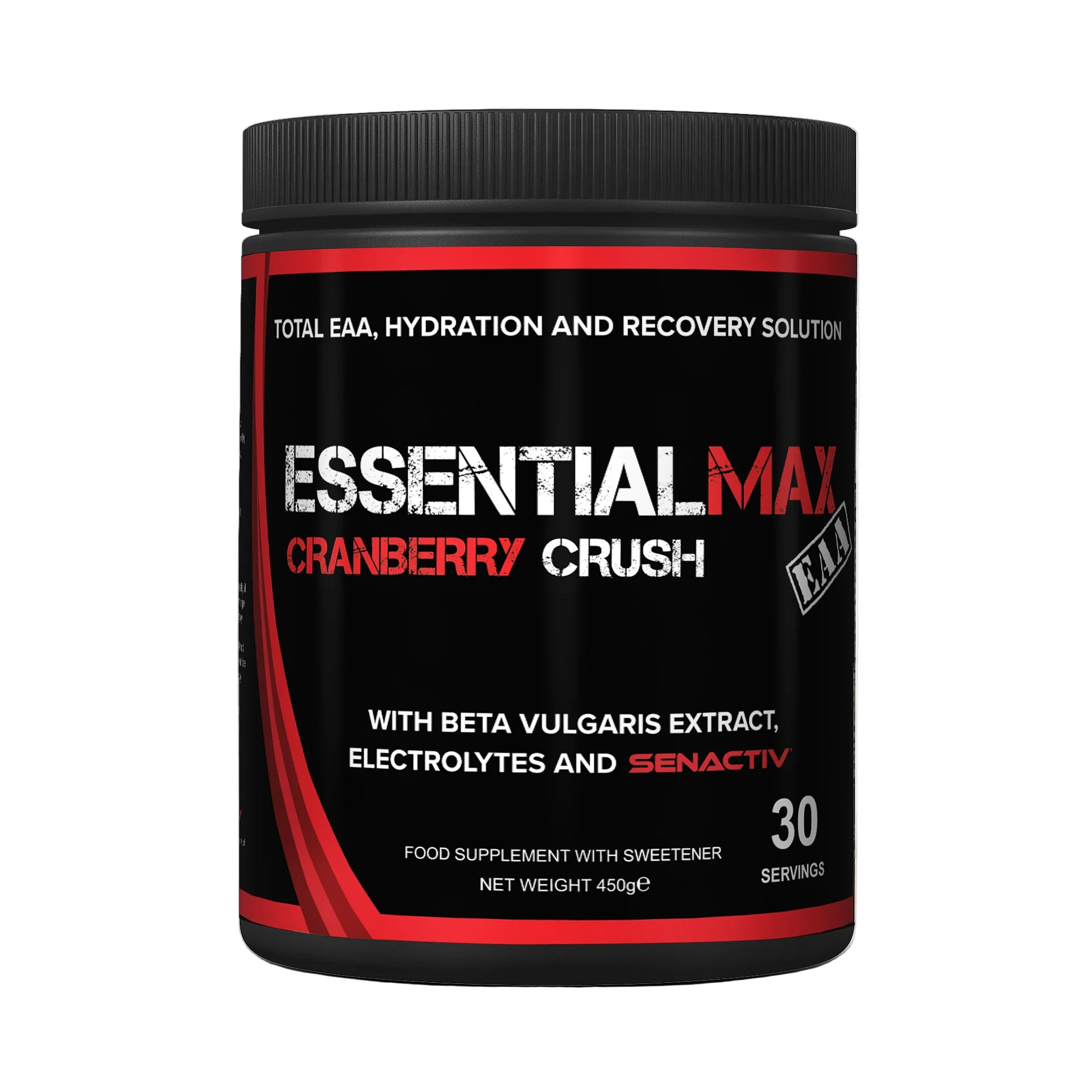 Essential Max Cranberry Crush supplement container on a white background