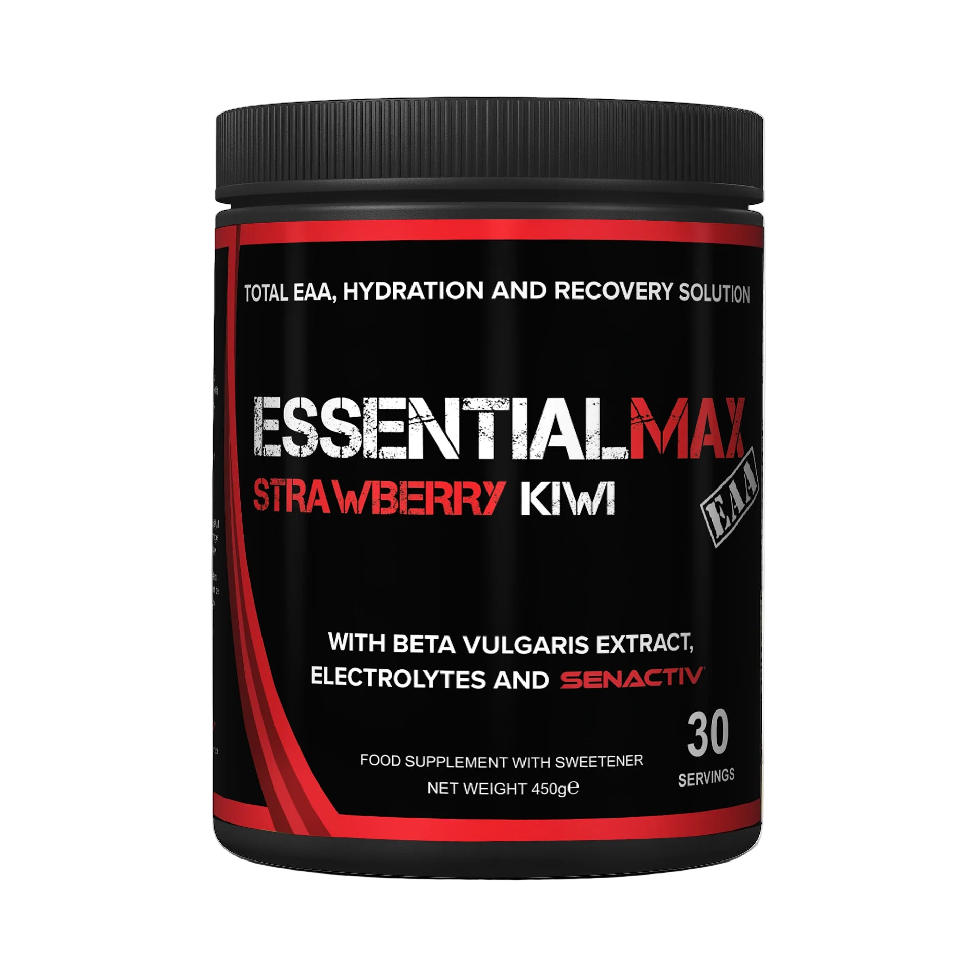 Supplement container labeled 'Essential Max Strawberry Kiwi' on a white background