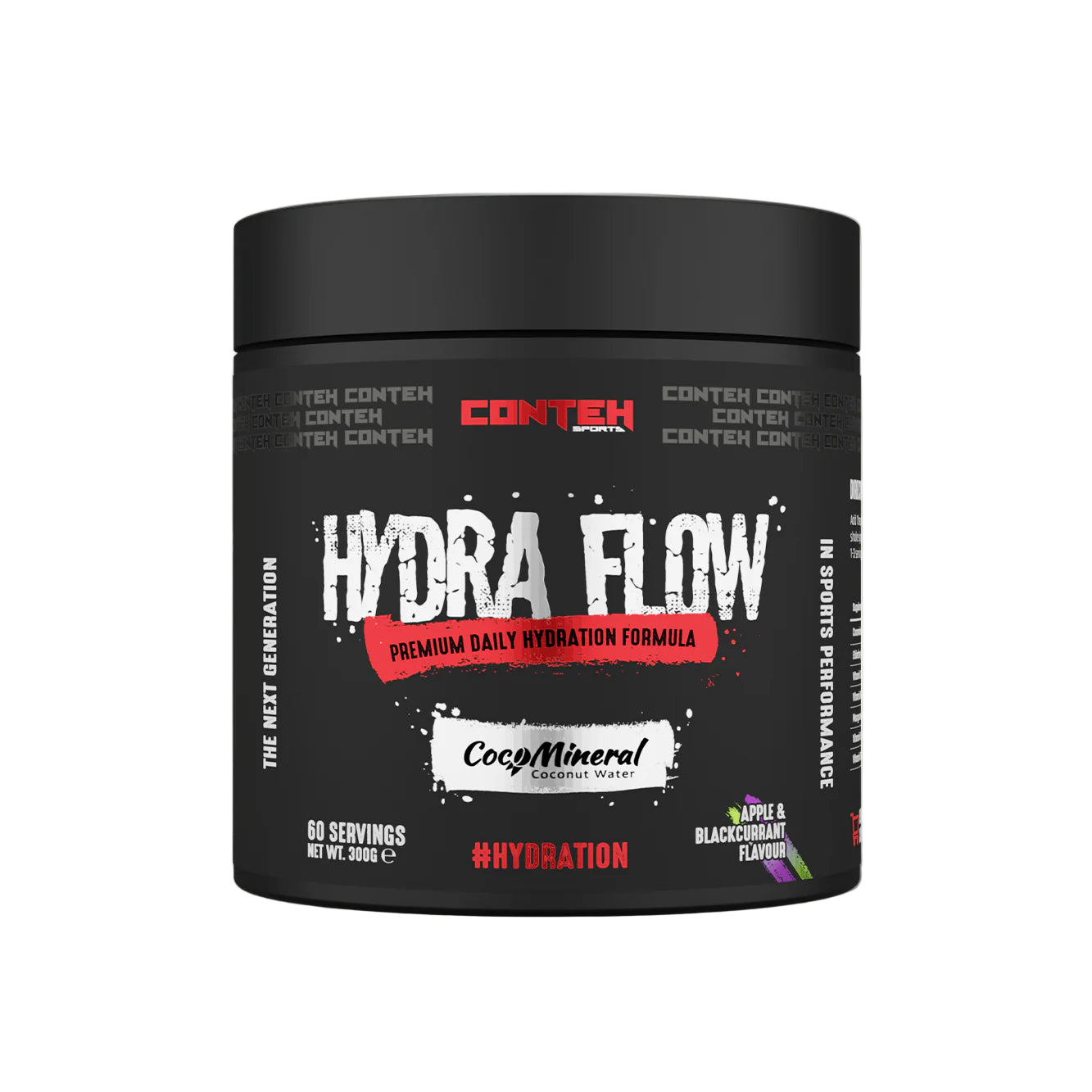 Black container of Conteh Hydra Flow supplement on a light gray background