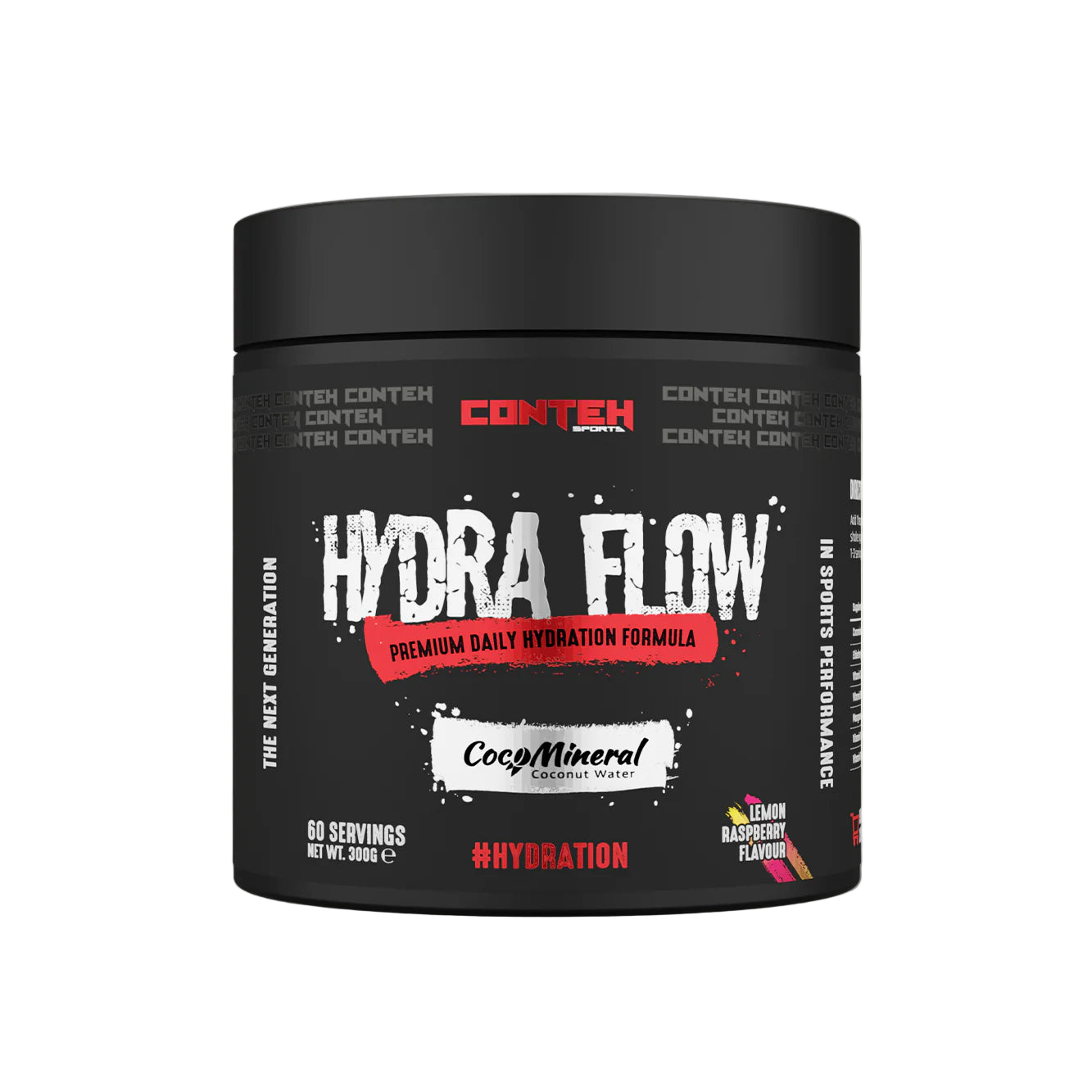 Container of Conteh Sports Hydra Flow supplement on a light gray background
