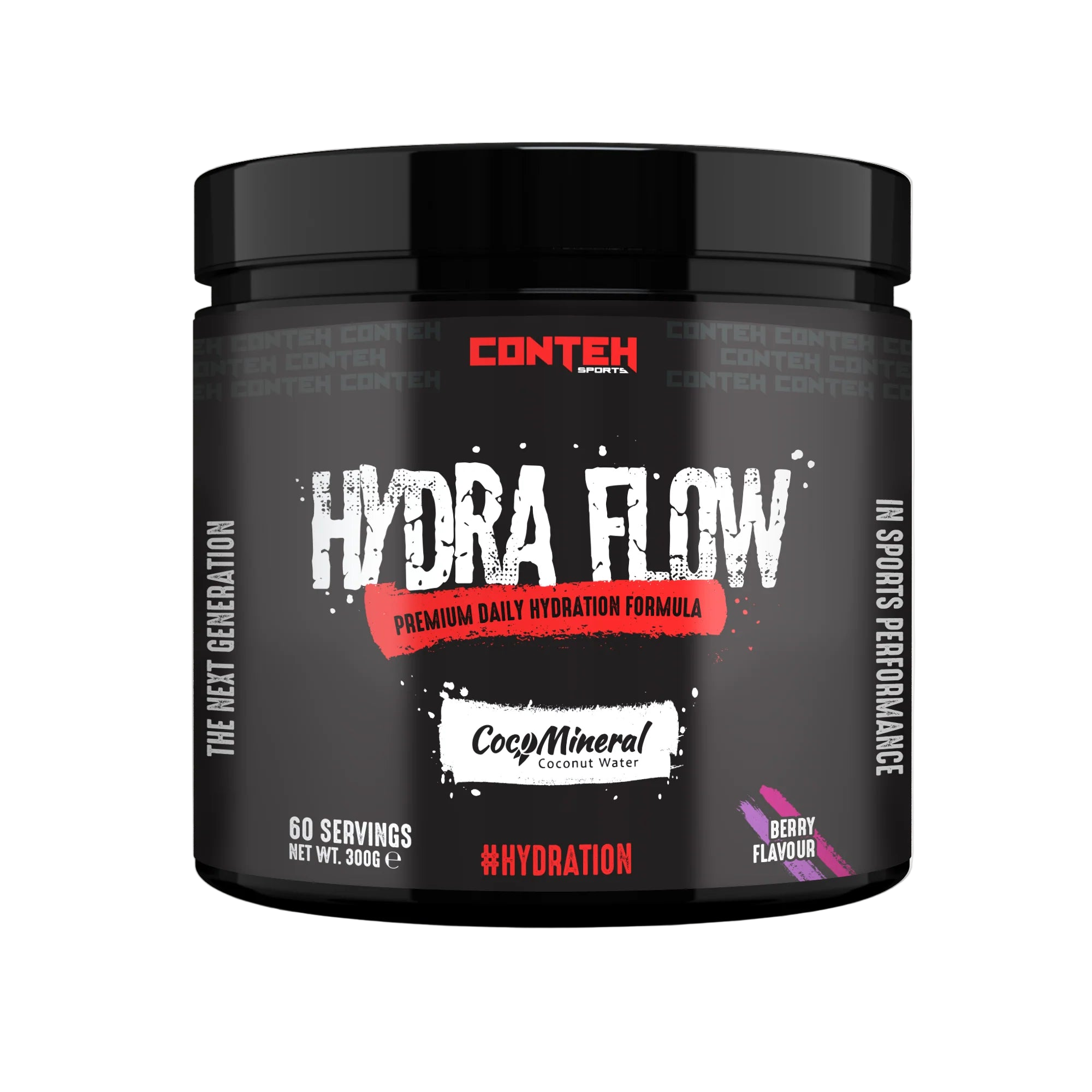 Black container of Conteh Hydra Flow hydration formula on a white background