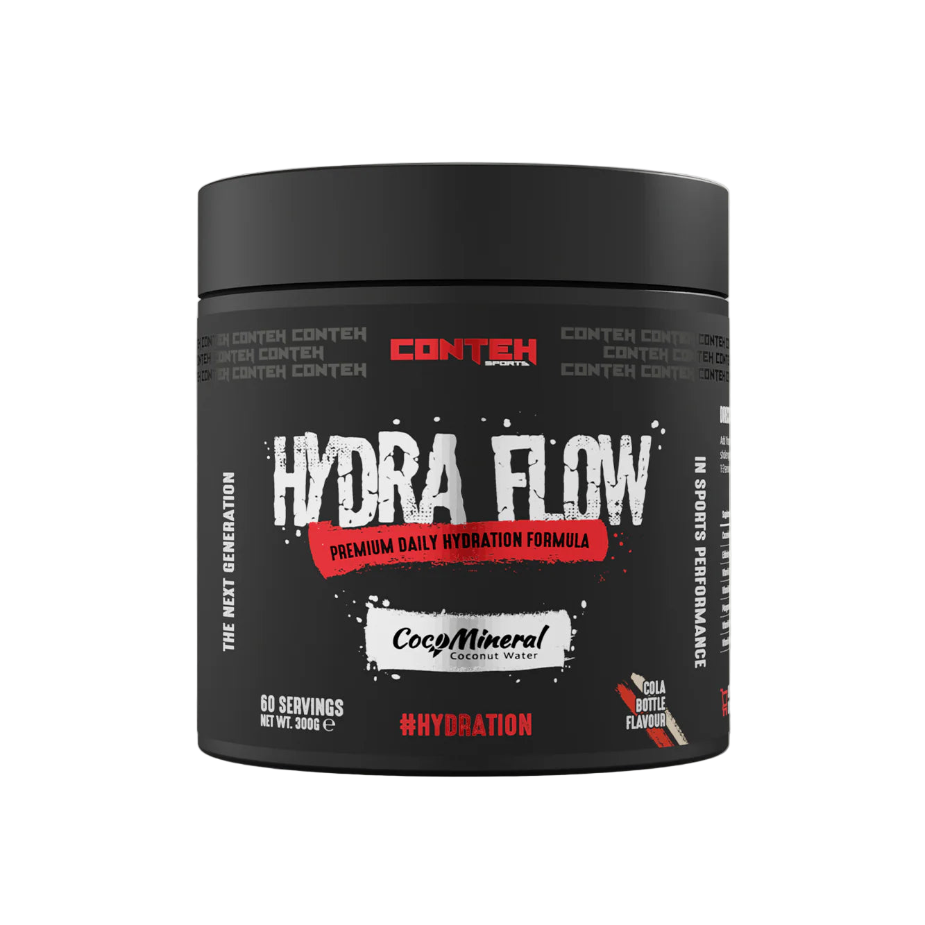 Black container of Conteh Hydra Flow supplement on a light gray background