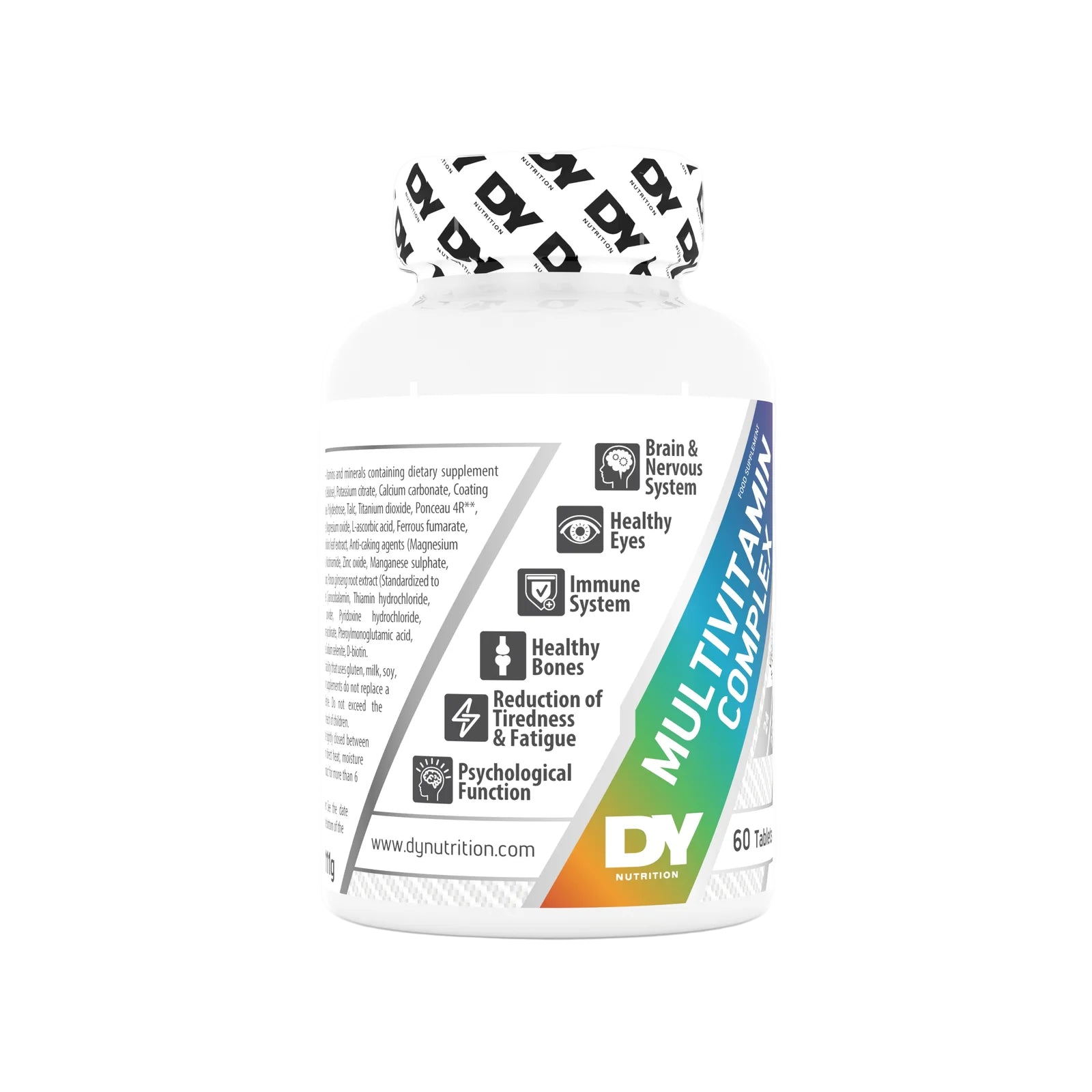 Multivitamin supplement bottle with label on a white background