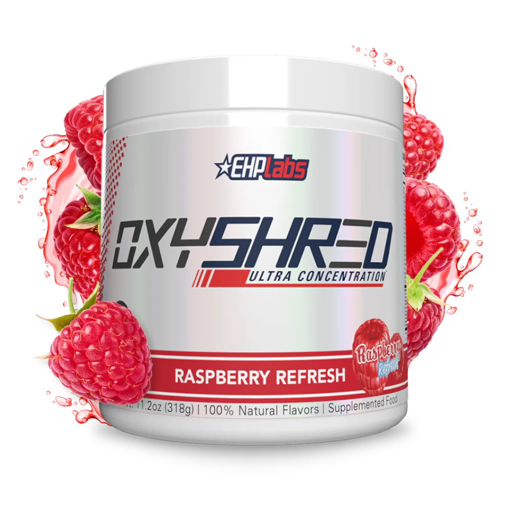 OxyShred supplement container with raspberries on a white background
