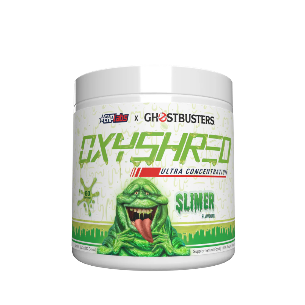 GHOSTBUSTERS OXYSHRED supplement container with Slimer graphic on a white background
