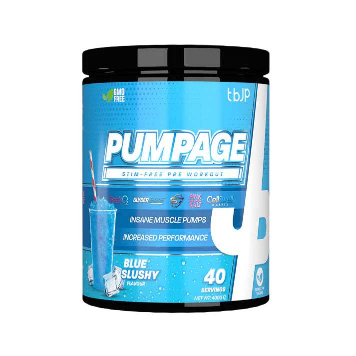 Pumpage pre-workout supplement container with blue label and black lid on a white background