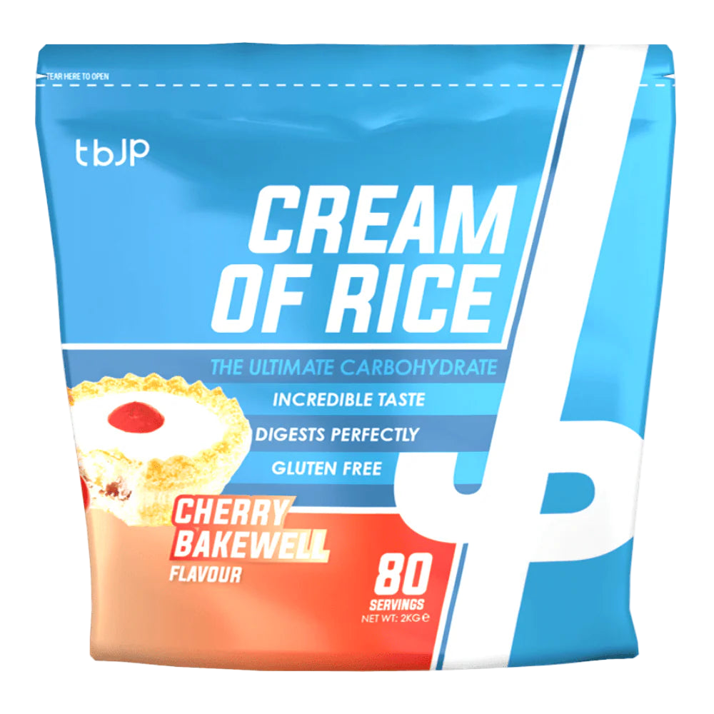 Package of tbjP Cream of Rice in Cherry Bakewell flavor with blue and orange design.