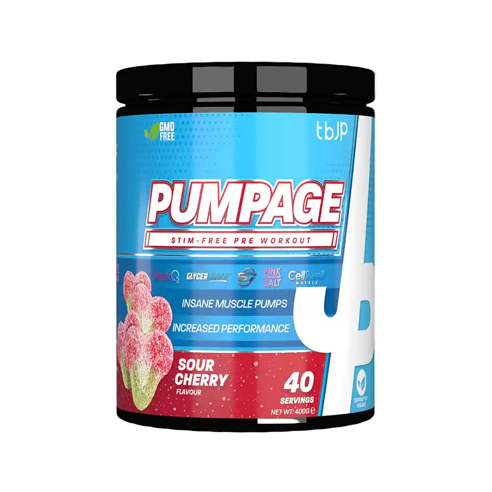 Pumpage pre-workout supplement container with sour cherry flavor on a white background