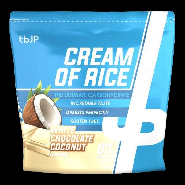 Package of tbjP Cream of Rice with white chocolate coconut flavor on a blue background