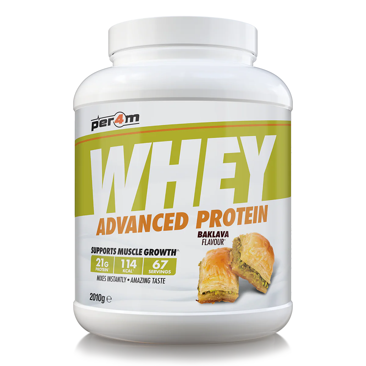 Whey protein powder container with baklava flavor on a white background