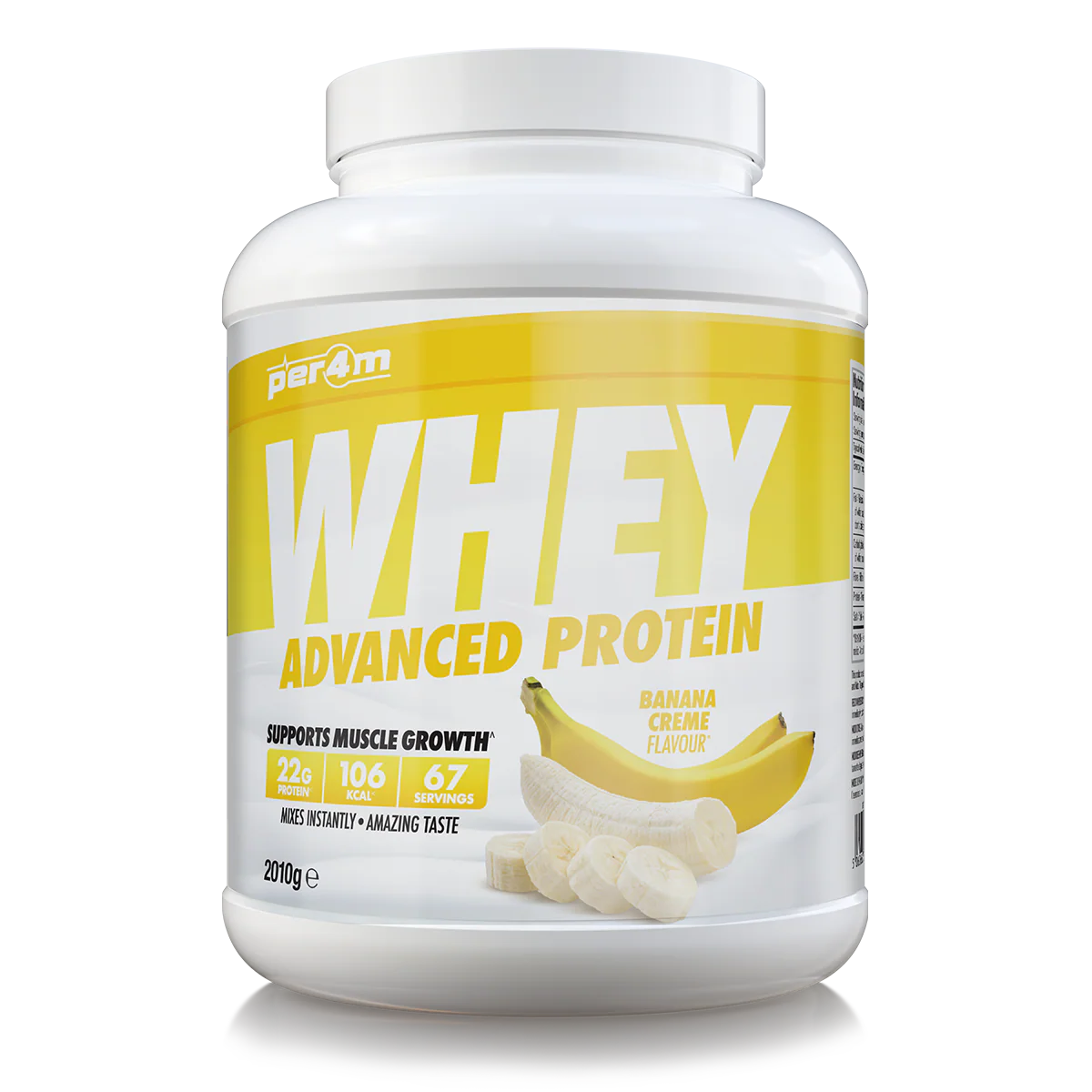 Whey protein powder container with banana flavor on a white background