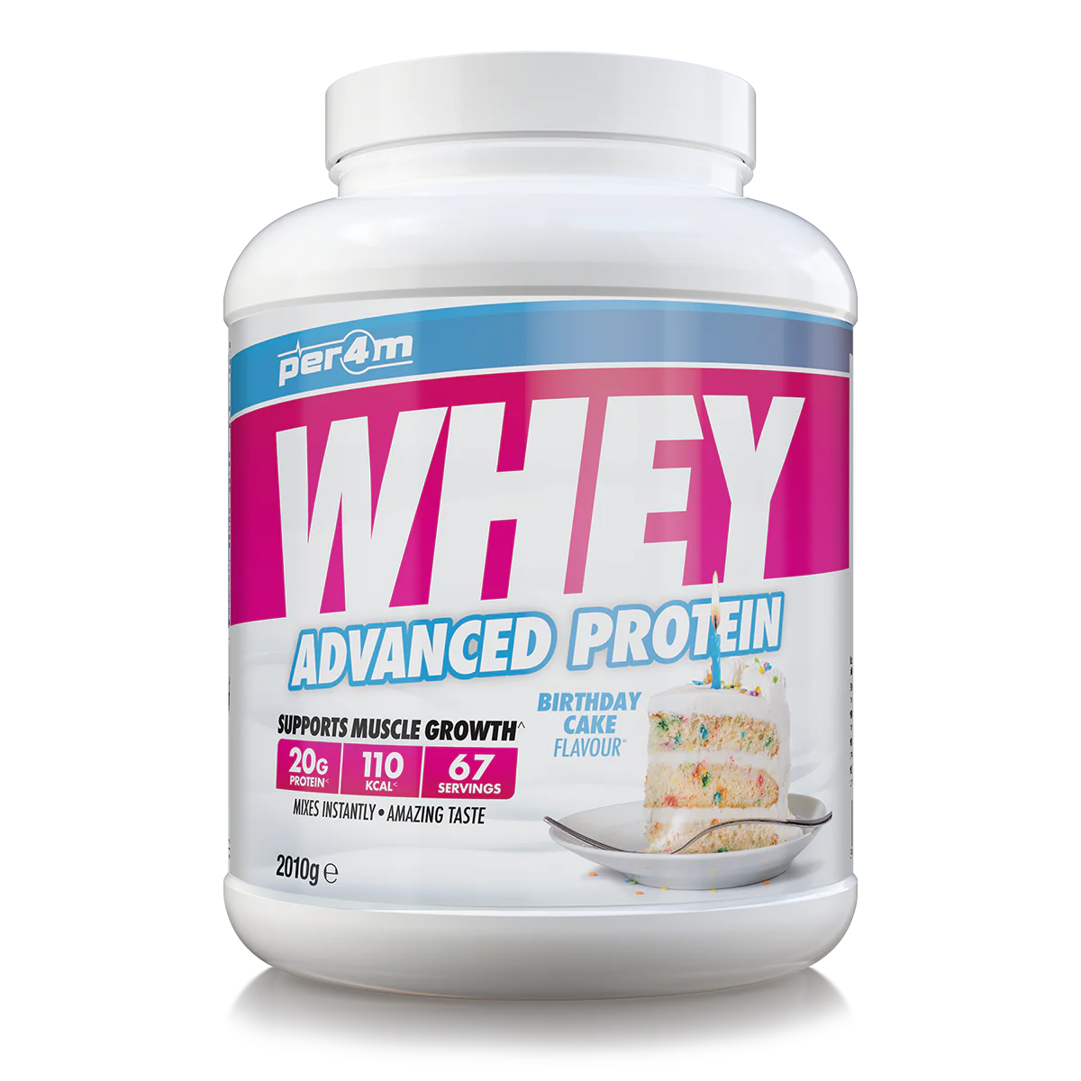 Whey protein powder container with pink and white label on a white background