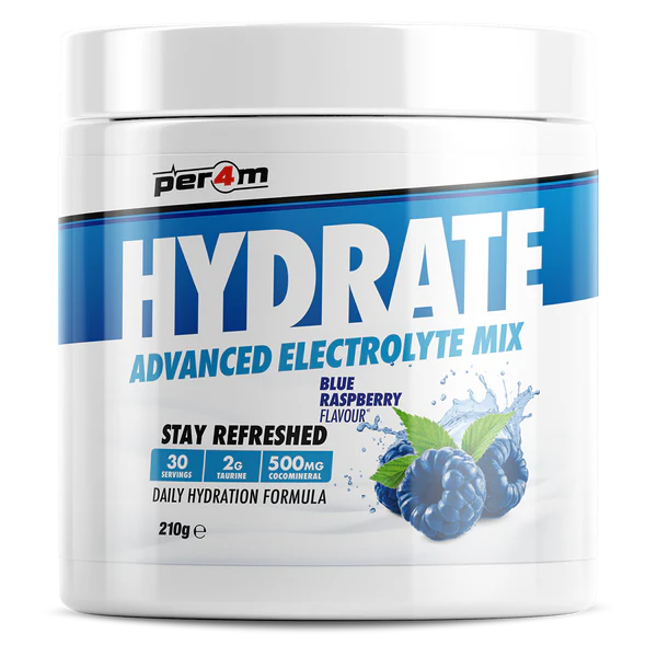 Per4m Hydrate Advanced Electrolyte Mix container with blue raspberry flavor on a white background