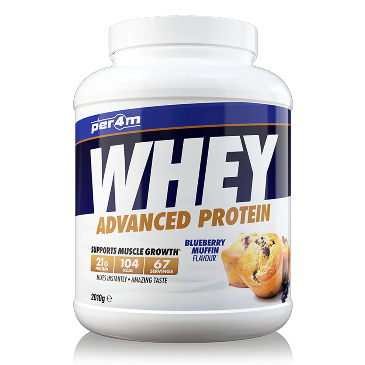 Whey protein powder container with blueberry muffin flavor on a white background
