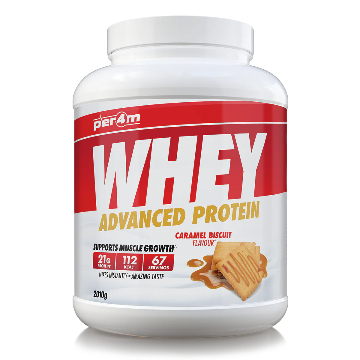 White container of Per4m whey protein powder with red and yellow label on a white background