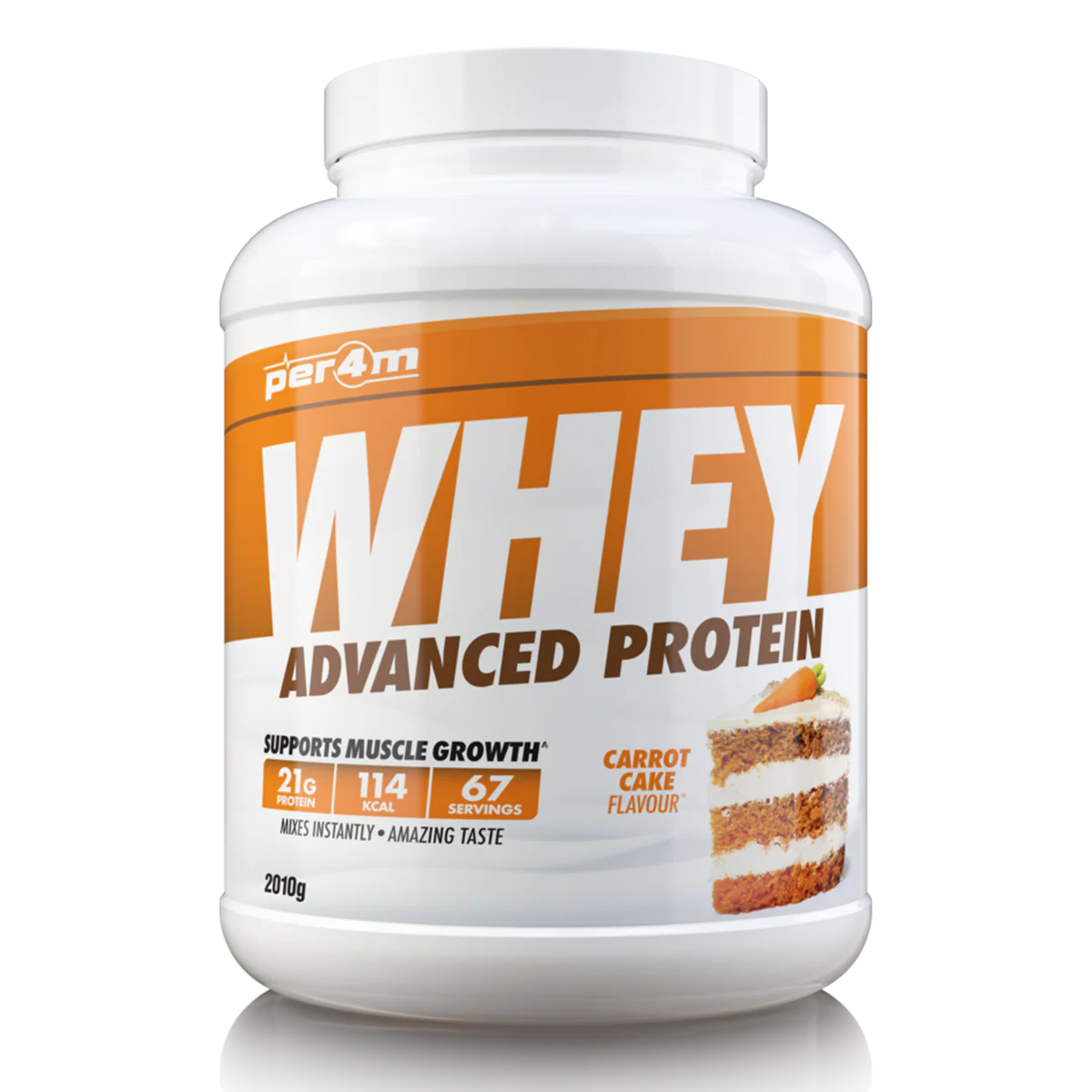 Whey protein powder container with carrot cake flavor on a white background