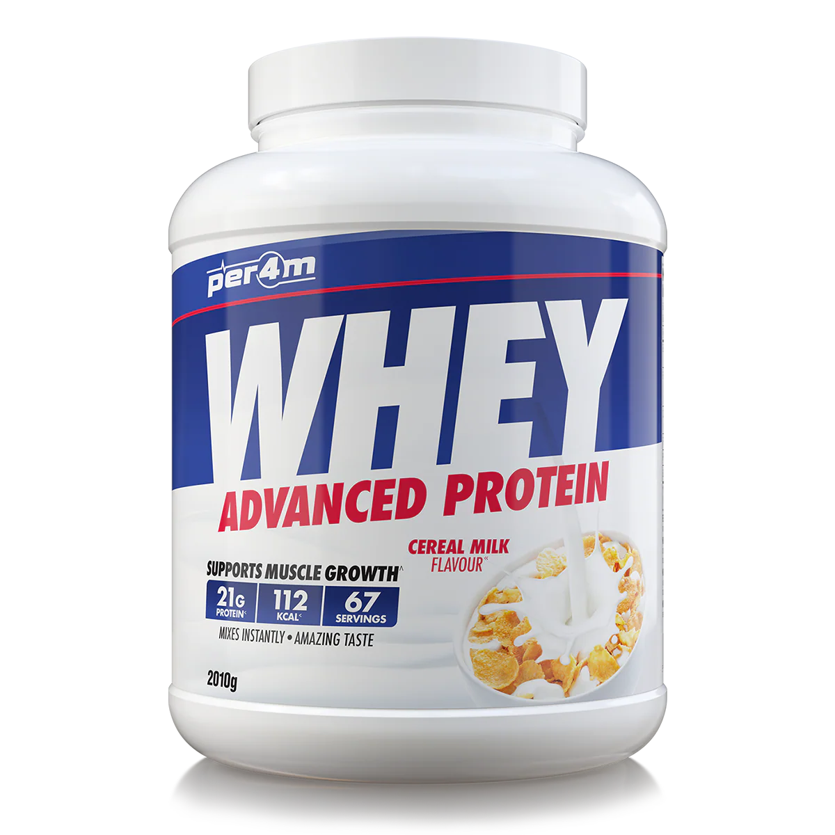 Whey protein powder container with cereal milk flavor on a white background