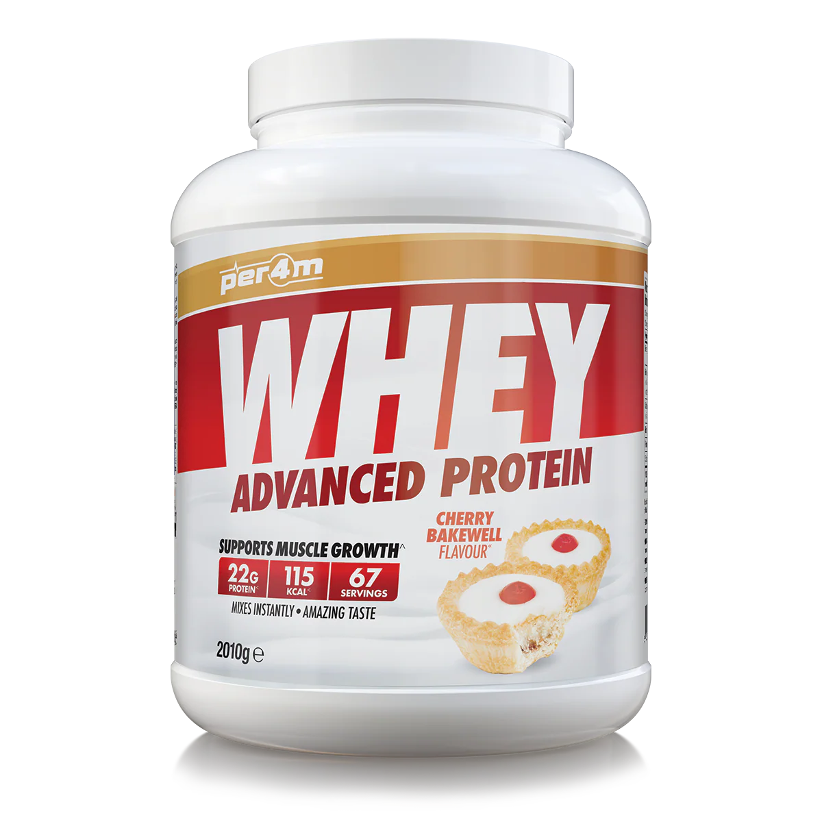Whey protein powder container with cherry bakewell flavor on a white background