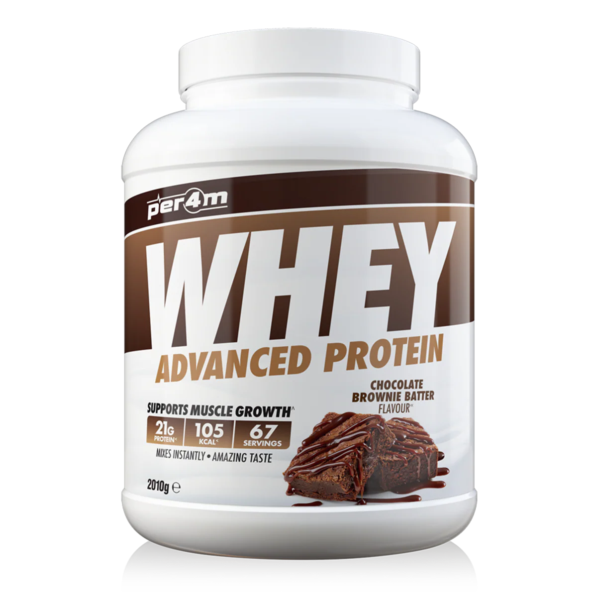Whey protein powder container with brown and white label on a white background