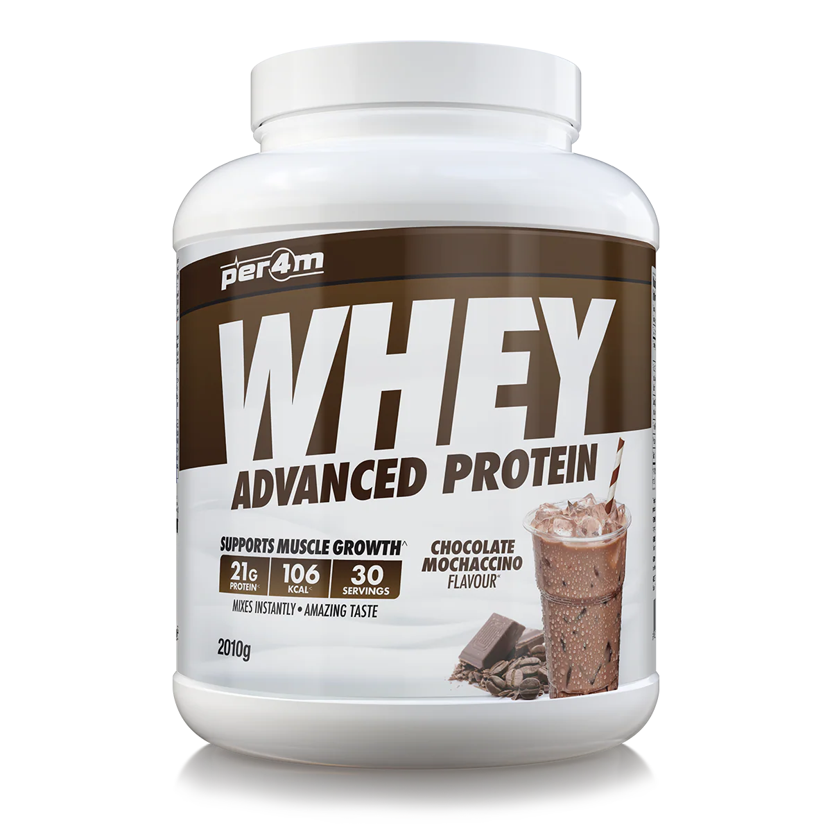 Whey protein powder container with label on a white background