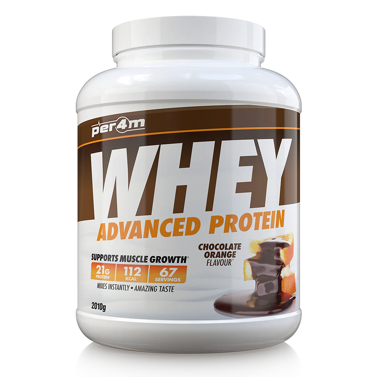 Whey protein powder container with chocolate orange flavor on a white background