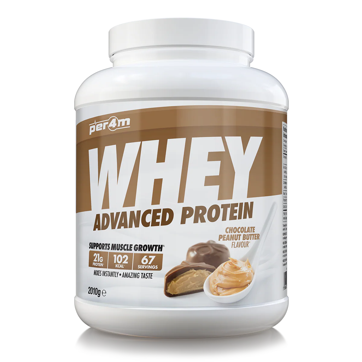 Whey protein powder container with chocolate and peanut butter flavor on a white background