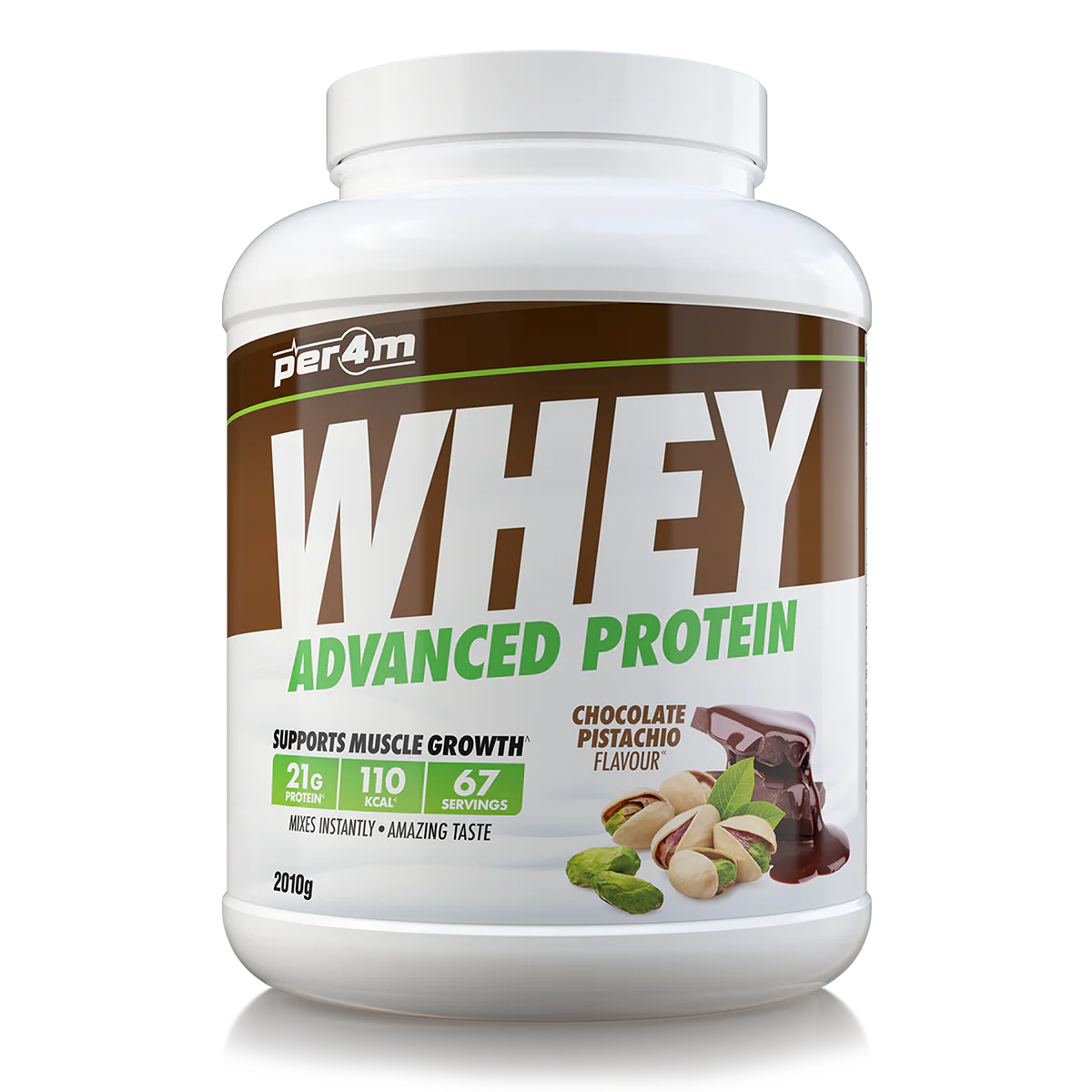 Whey protein powder container with chocolate pistachio flavor on a white background
