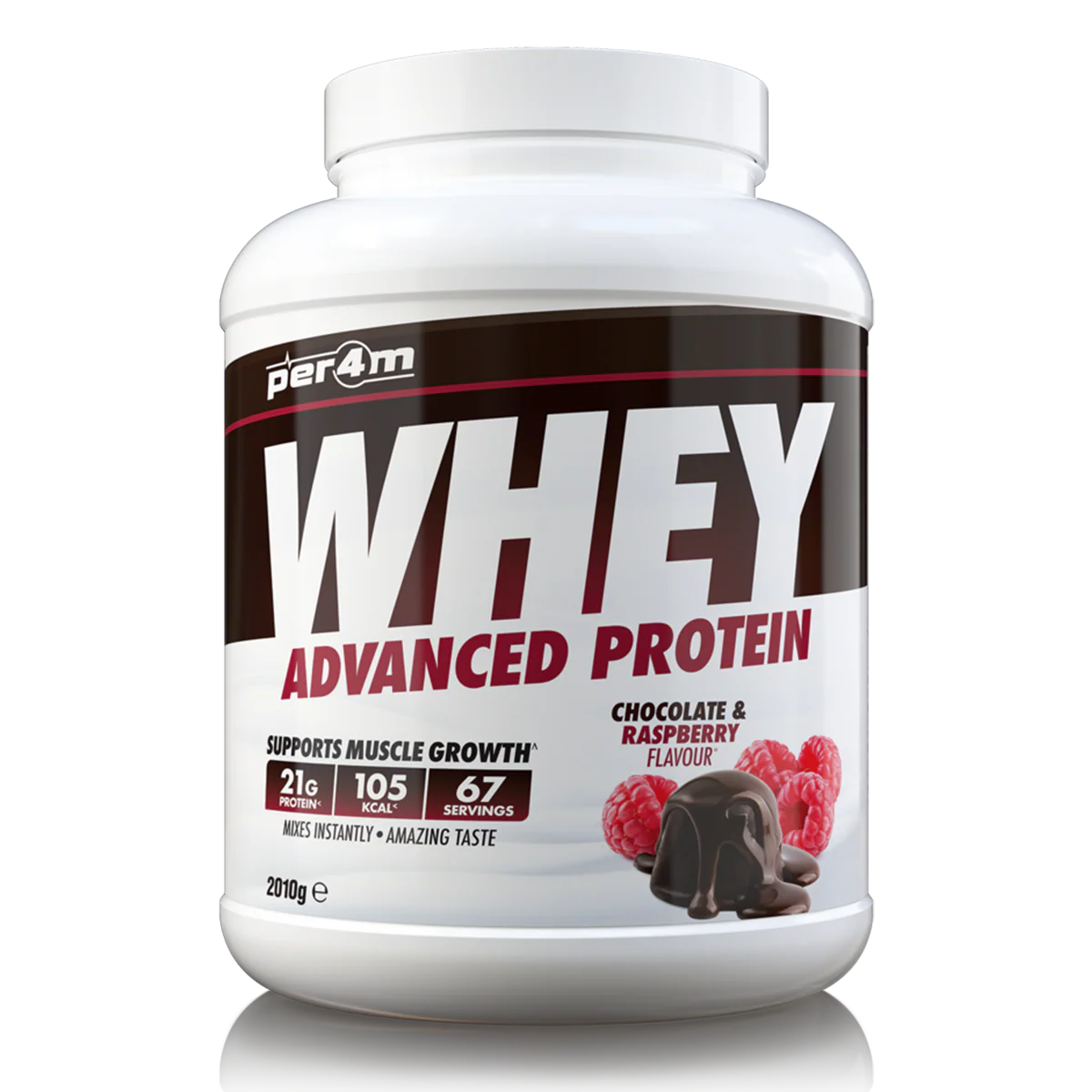 Whey protein powder container with chocolate and raspberry flavor on a white background