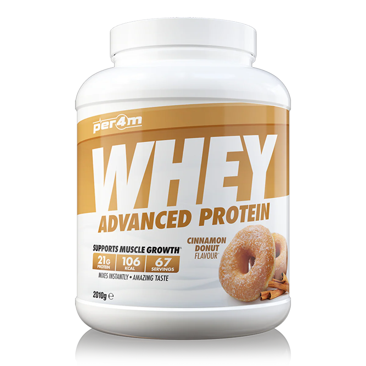 Whey protein powder container with cinnamon donut flavor on a white background