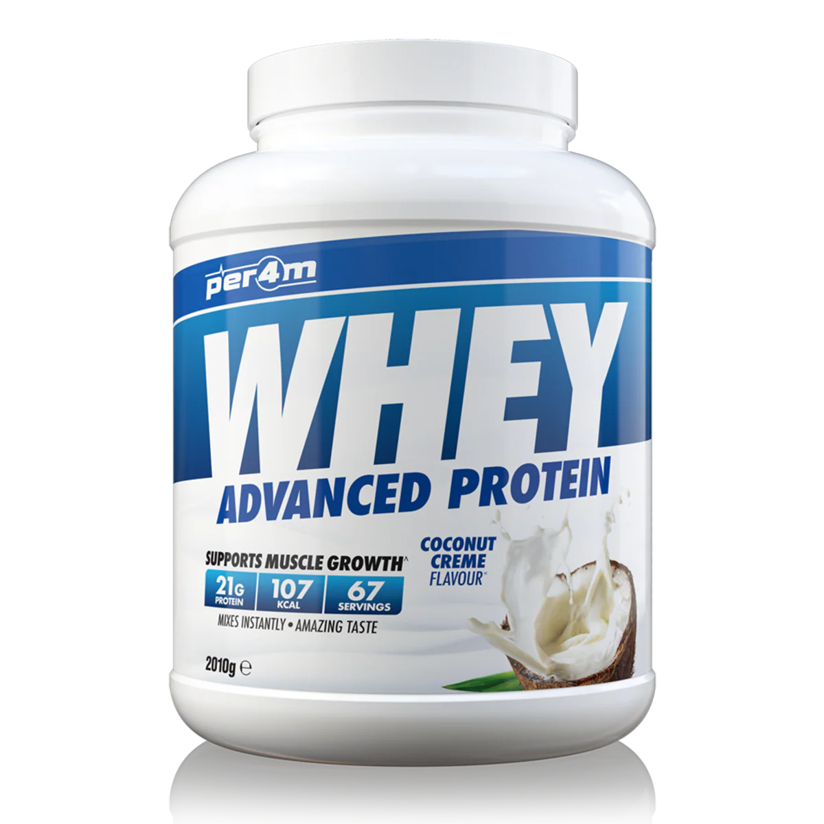 Container of whey protein powder with coconut flavor on a white background